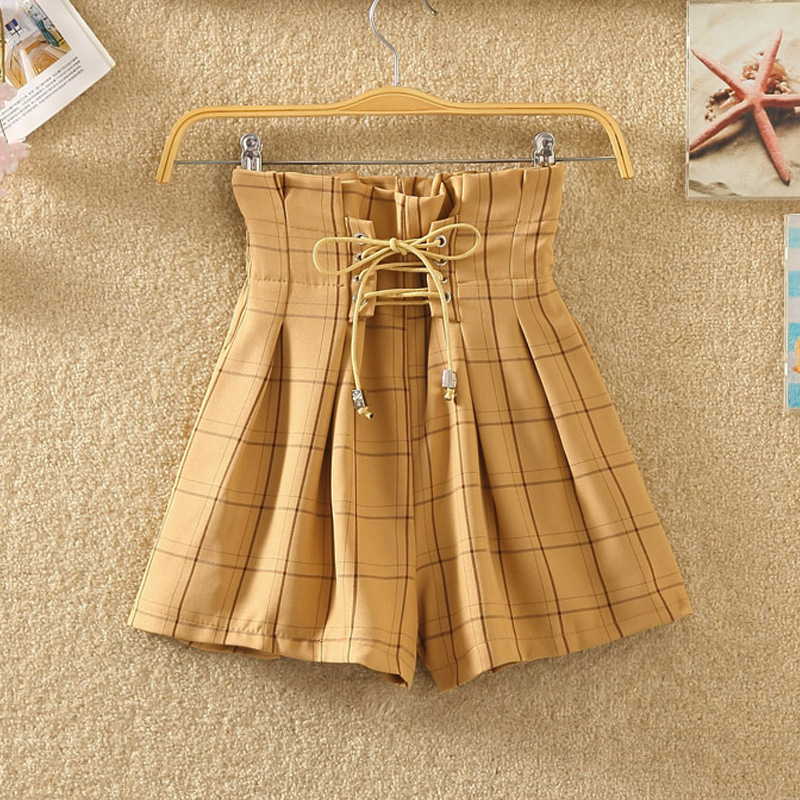 Strap Elastic Waist Casual Shorts Large Size Loose High Waist Khaki Plaid - Shop at LoveMi