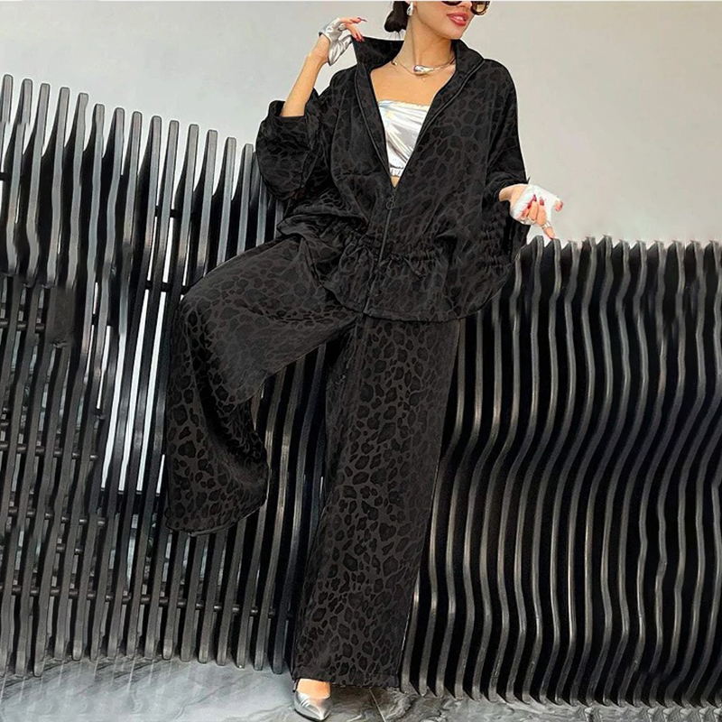Women's Casual 2 Piece Set, Drawstring Leopard Print Zip Up Top & Wide Leg Pants For Spring Fall Black - Shop at LoveMi