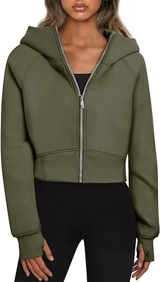 Casual Zippered Hooded Sweatshirt Fleece Sport Cardigan Fashion Hoodies Short Tops Womens Clothing Military Green - Shop at LoveMi