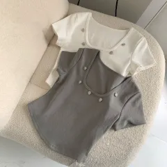 Summer All-match Design Sense Short-sleeved Square-neck Buttoned Top Thinner T-shirt - Grey - View 1