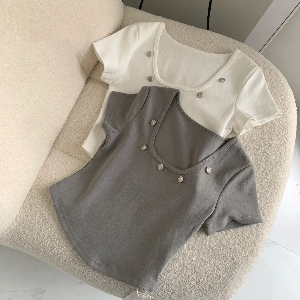 Summer All-match Design Sense Short-sleeved Square-neck Buttoned Top Thinner T-shirt - Grey
