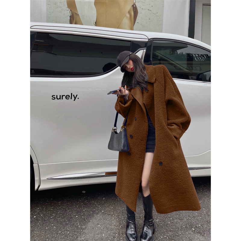 Autumn And Winter Fur Integrated Lamb Wool Medium Length Thickened Blue Coat Coffee - Shop at LoveMi