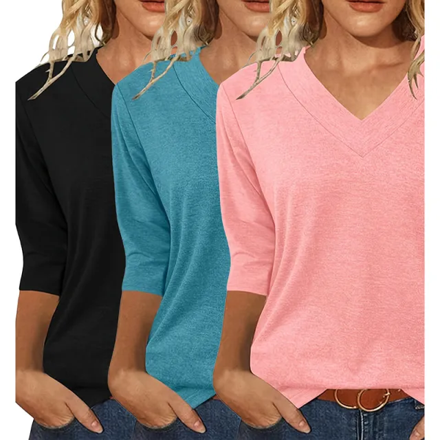 3 Pack 3 4 Sleeve Shirts For Women V Neck T Shirt Fall Casual Tops Basic Base Layer Undershirts Tees Black Blue Pink - Shop at LoveMi