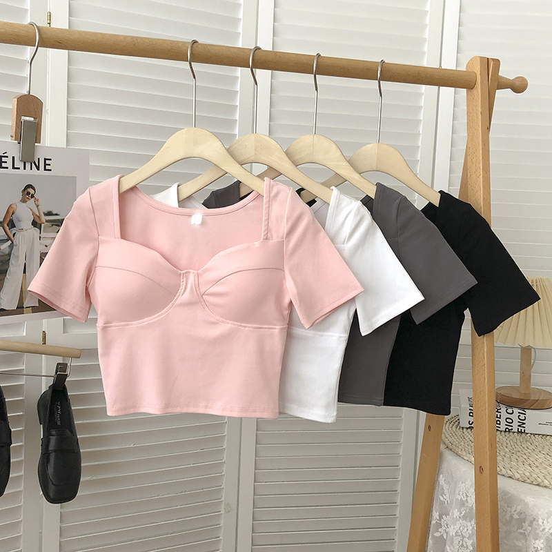 Square Neck Clavicle Short Sleeve T-Shirt Ladies