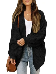 Fashion Lantern-sleeved Sweater With Pockets Casual Loose Solid Knit Cardigan Autumn Tops Womens Clothing - Black - View 1