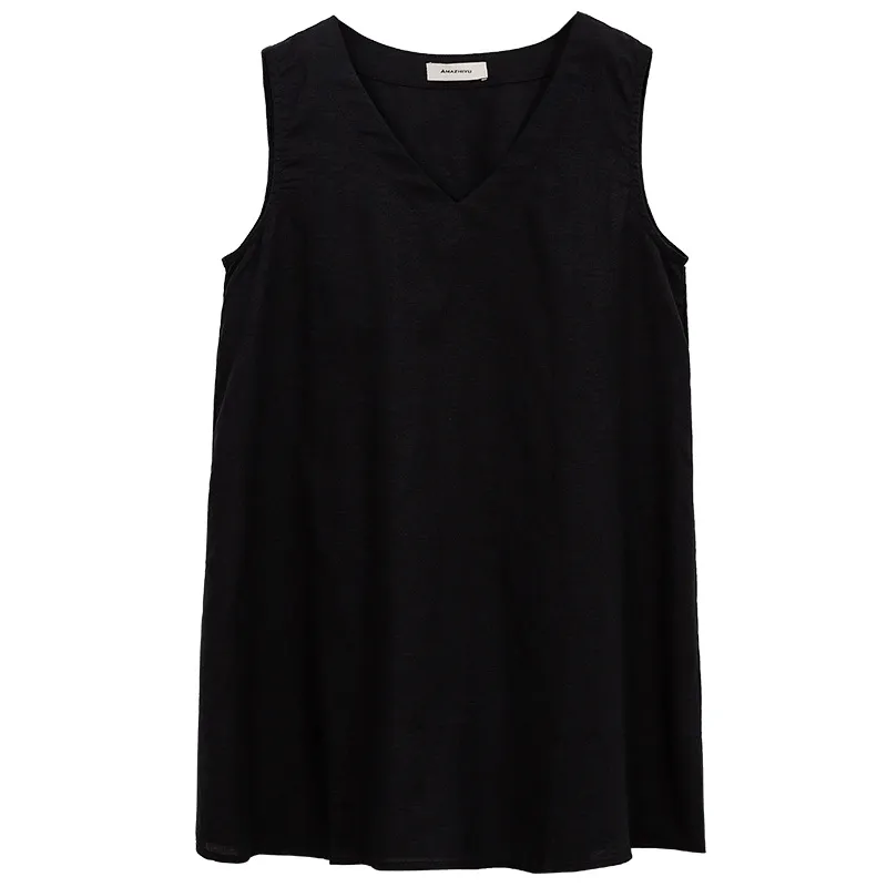 Women's Pure Linen V-Neck Sleeveless Tank Top - Blackb