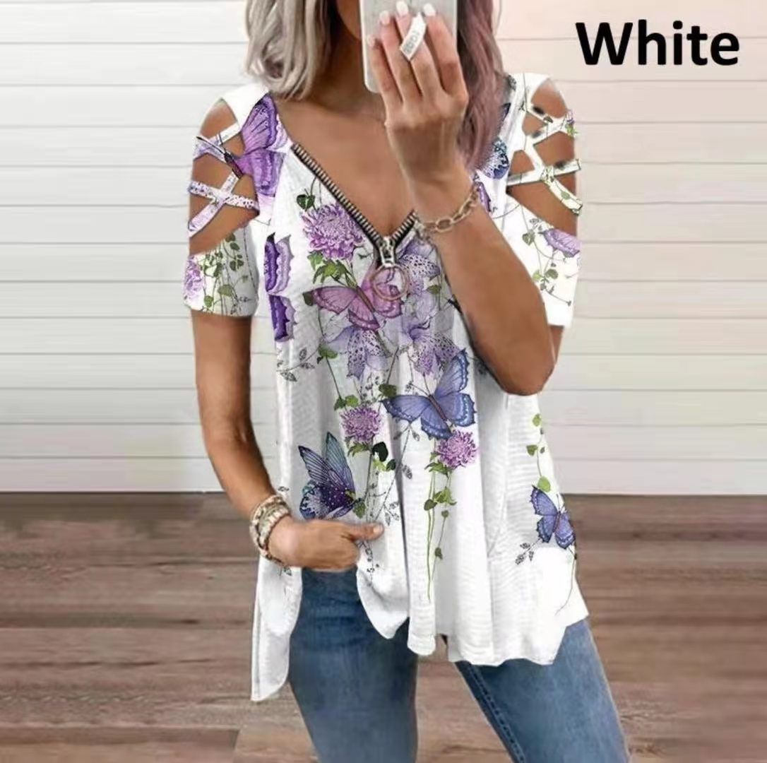 Title 6, Printed Contrast Color Short-sleeved V-neck Wom...