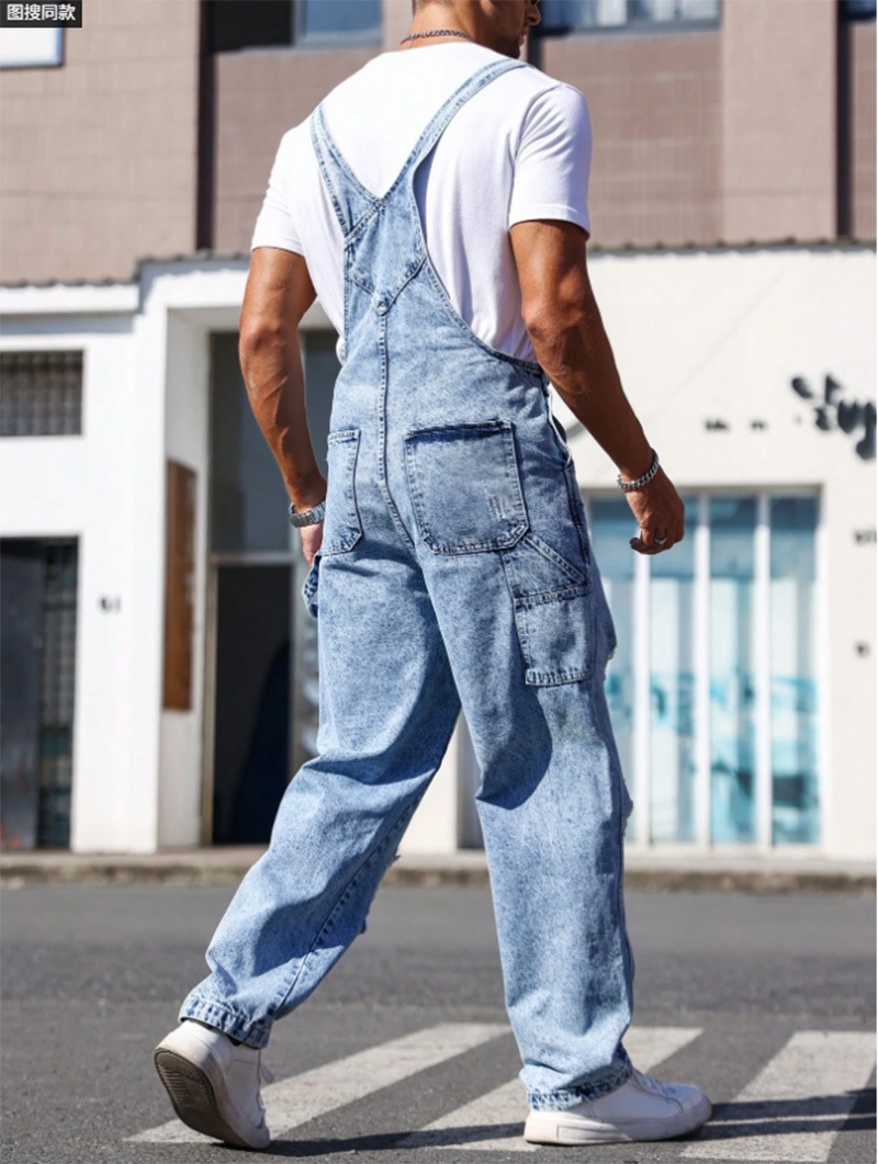 Men Distressed Denim Overalls Light Wash Ripped Bib Pants Loose Fit Streetwear Dungarees US Ready Stock