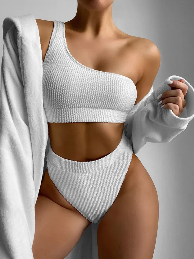 Sexy Lady In Swimsuit Solid Color Bikini One shoulder White - Shop at LoveMi