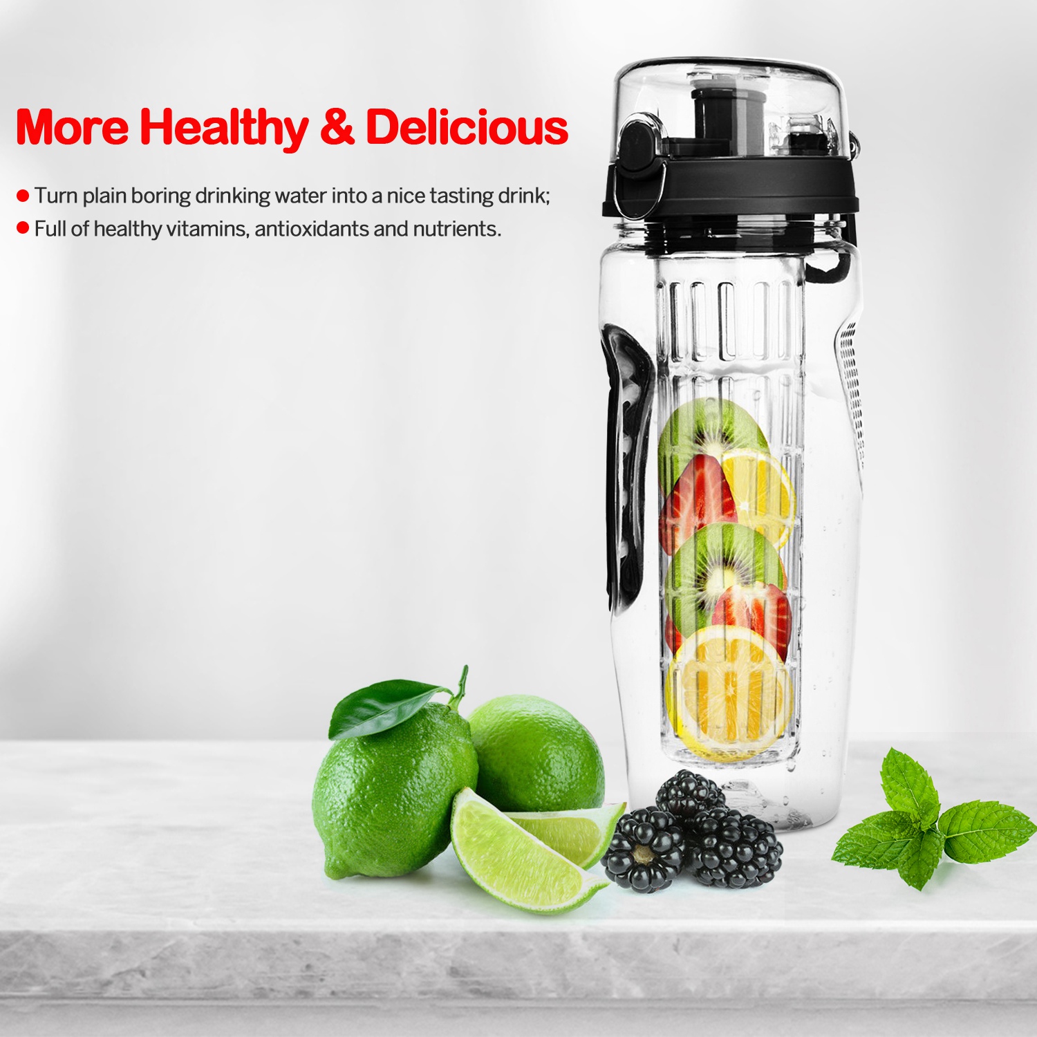 3 Color Options - 1Pc Fruit Infuser Water Bottle 32OZ Juice Shaker Sport With Flip Top Lid Anti-Slip Grips For Office Home Sport Running Walking Hiking - Image 23