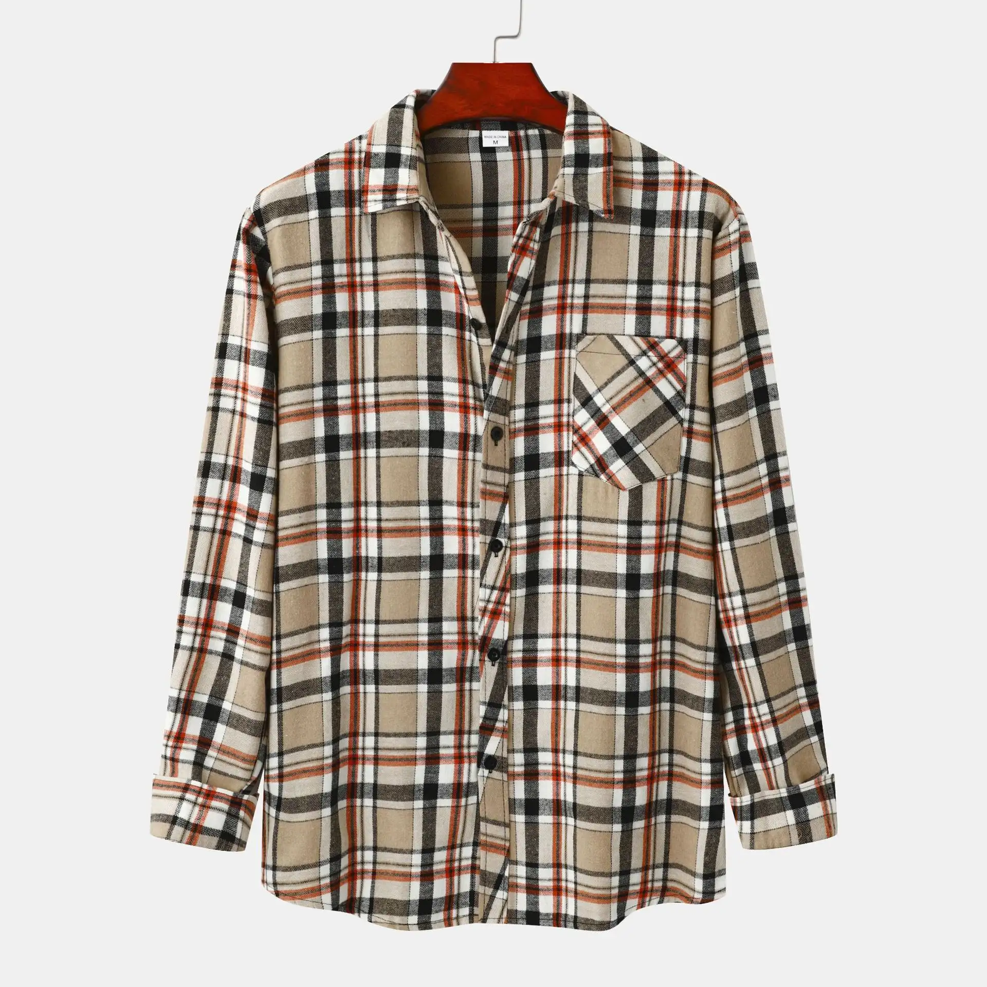 Men's Shirt European And American Stand Collar Plaid Long Sleeve Shirt