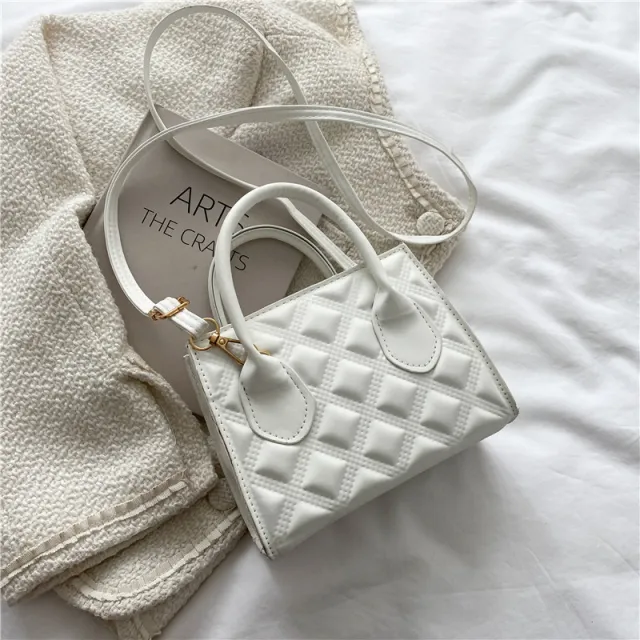 Women's Diamond Check All match Texture Embossed One shoulder Handbag White - Shop at LoveMi