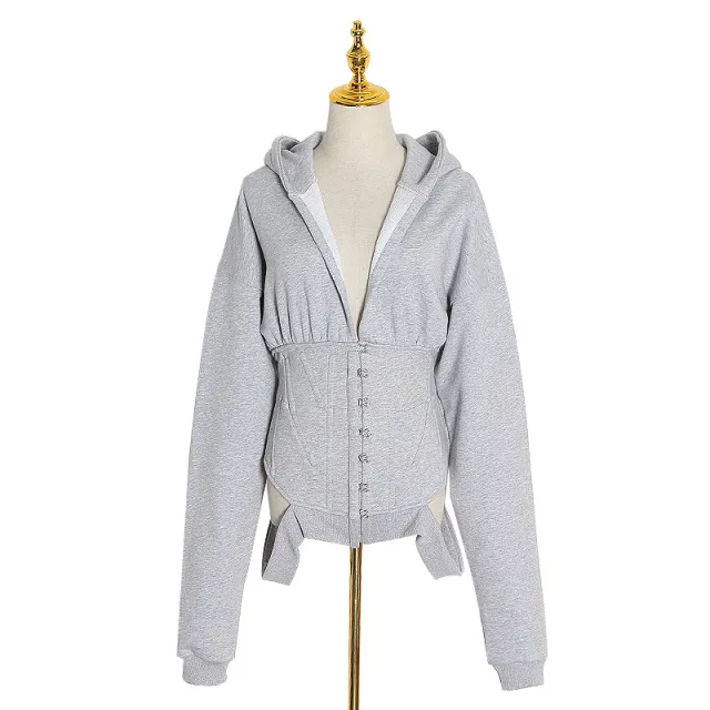 Versatile Long sleeved Waist Fitting Hooded V neck Top Grey - Shop at LoveMi