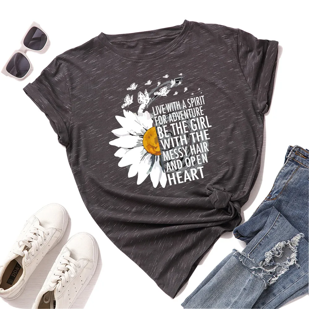 Women's Loose Round Neck Sunflower And Chrysanthemum Short-sleeved T-shirt Women - Meteor Gray