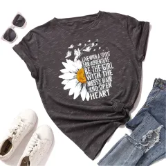 Women's Loose Round Neck Sunflower And Chrysanthemum Short-sleeved T-shirt Women - Meteor Gray - View 1