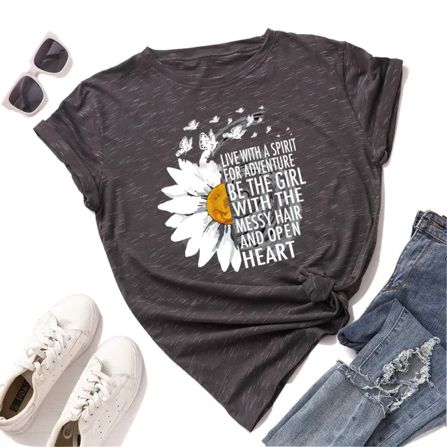Women's Loose Round Neck Sunflower And Chrysanthemum Short sleeved T shirt Women Meteor Gray - Shop at LoveMi