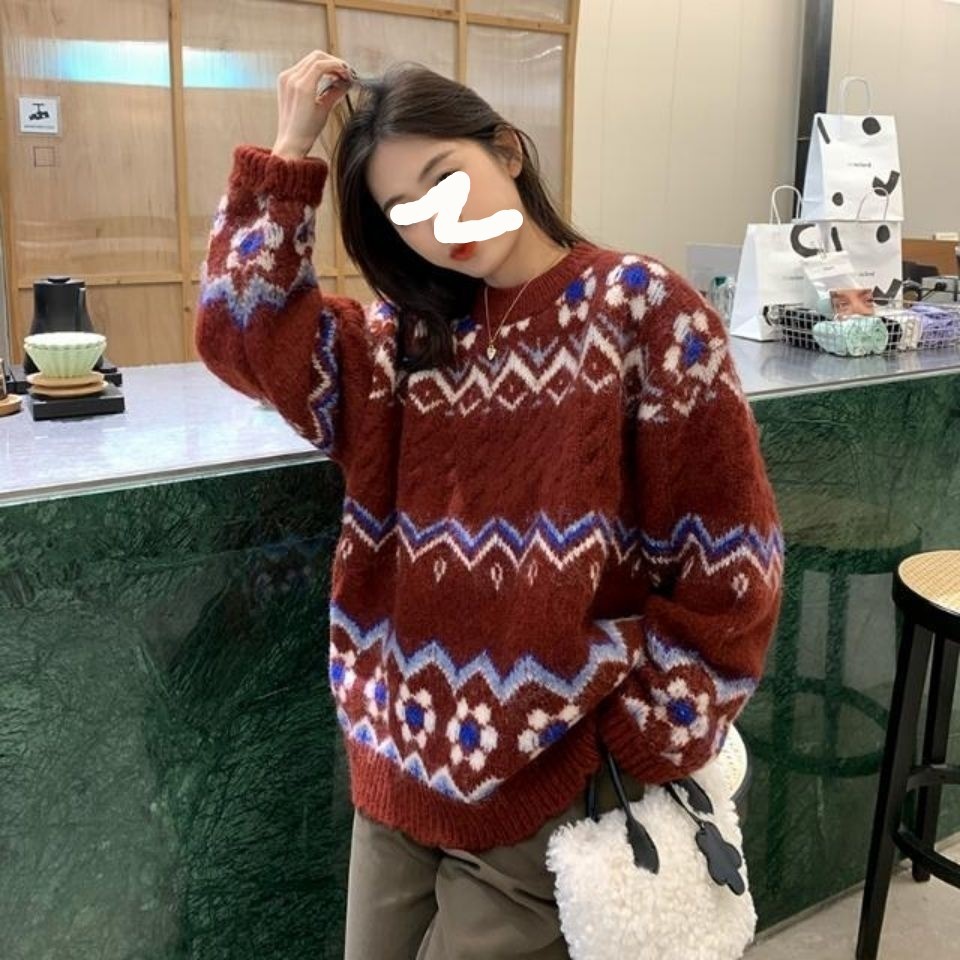 Loose Outer Wear Vintage Jacquard Soft Glutinous Sweater For Women