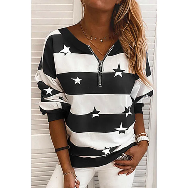 Striped Printed Long Sleeved Zipper Loose Casual Sweater Black - Shop at LoveMi