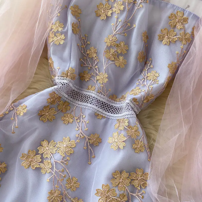 Dress Thin Mesh Lantern Sleeves Stitching Embroidery Heartwork Hollow
