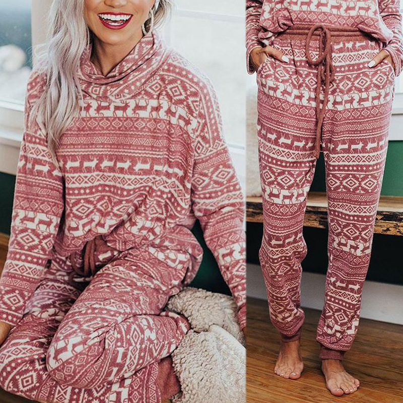 Reindeer Print Long Sleeve Loose Casual Christmas Home Set