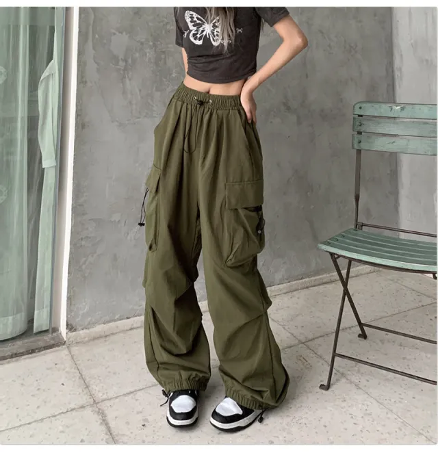 New Loose Straight Wide Leg Large Pocket Casual Retro Corset Pants Green - Shop at LoveMi