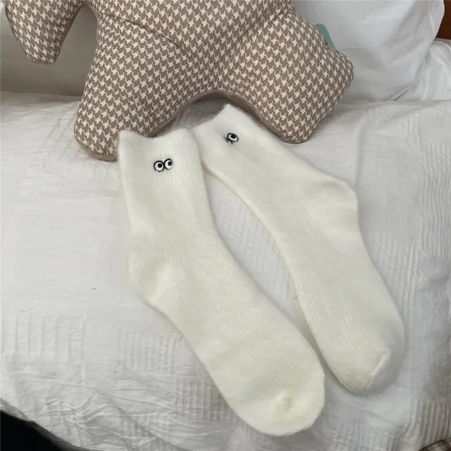 New Plush Cute Japanese Eyes Warm Socks Female White - Shop at LoveMi