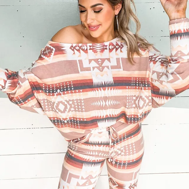 Pullover Long Sleeve Printed Two piece Suit Homewear Apricot - Shop at LoveMi