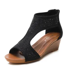 Back Zipper Wedge Sandals Summer New Thick Bottom Bohemian Beach Shoes - Black - View 1