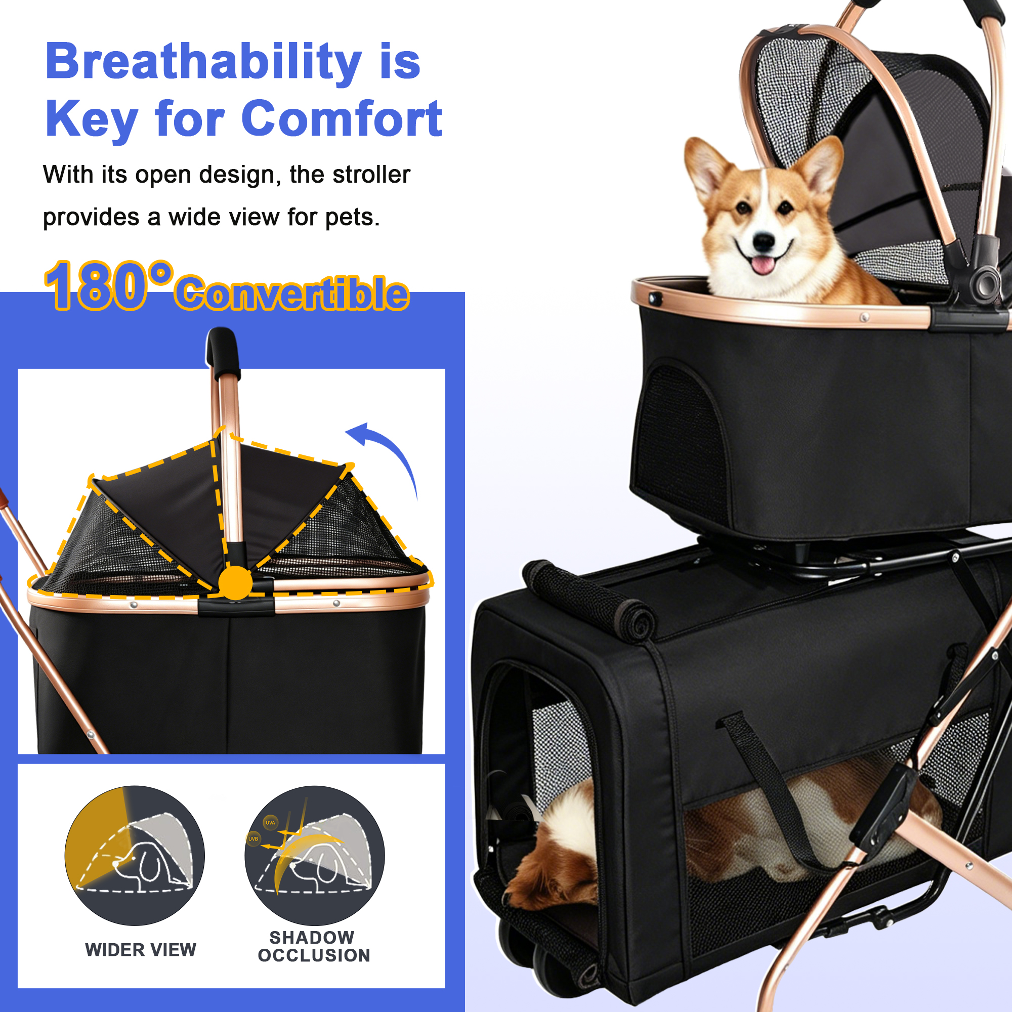 3-in-1 Double Pet Stroller For Small Medium Dogs Cats, Foldable Frame Convertible Pet Carrier Tote, Shockproof Wheels With Brake System, Dual Fixed Safety Leashes For Multi-Pet Households thumbnail 8