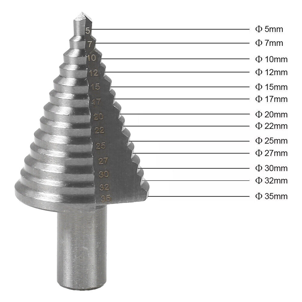 5-35mm 13 Step Titanium Spiral Groove Conical Cone Drill HSS Bit Set Hole Cutter — image 9