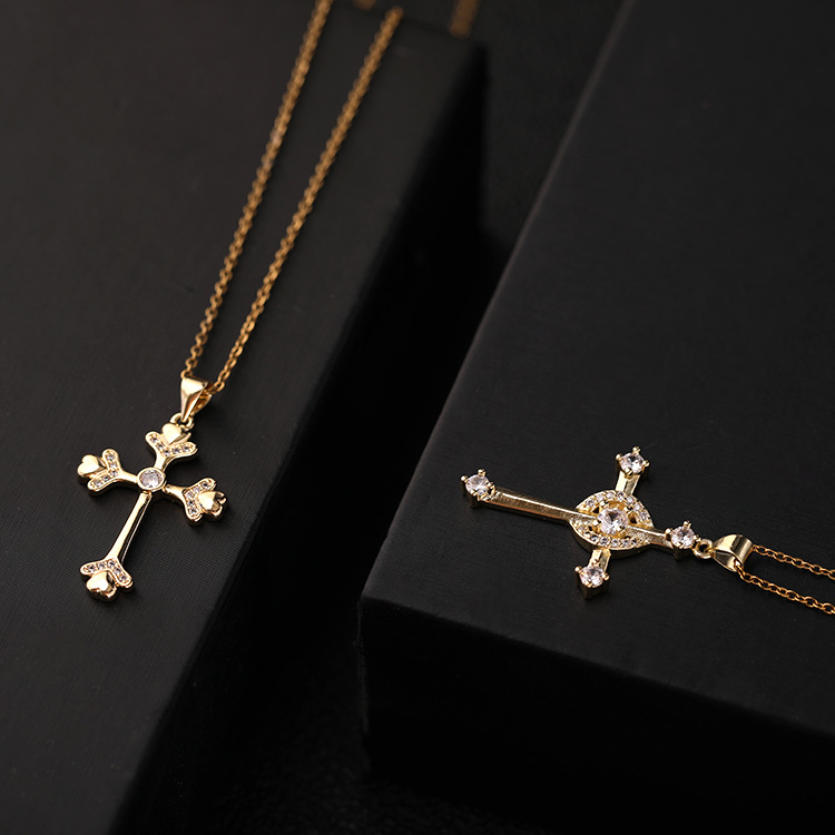 Womens Gold Plated Copper Zircon Heart Geometric Cross Pendant Necklace