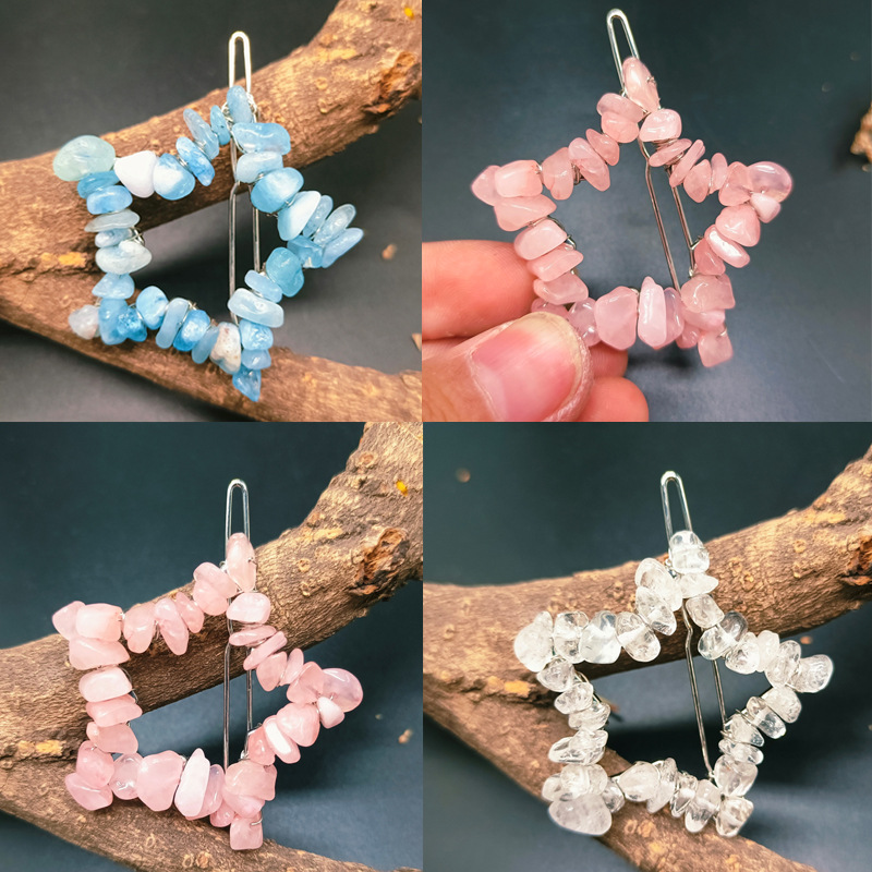 Natural Crystal Gravel Pentagram Hair Clip