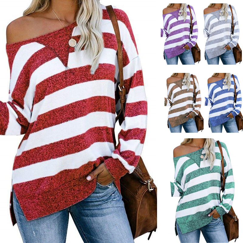 Casual Loose Colorblock Striped Long Sleeve Women's T-Shirt