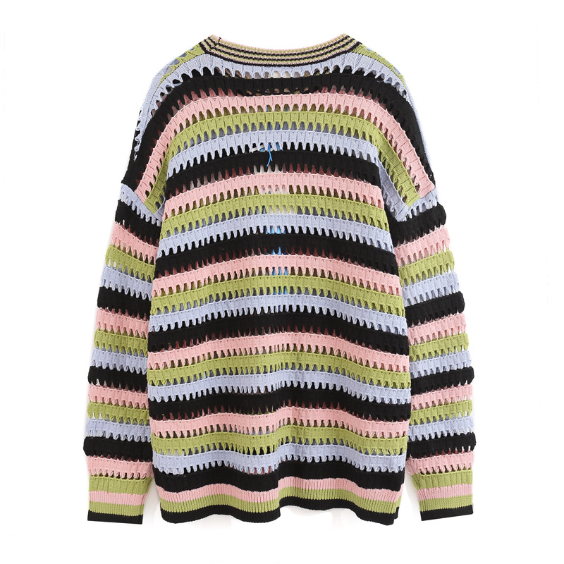 Title 6, Contrast Color Stripes Hollow Out Sweater Men