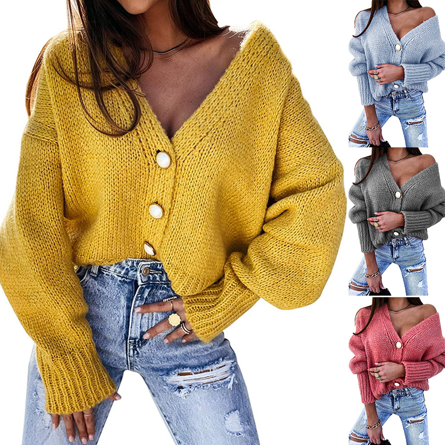 New Sweater Cardigan Solid Color V-neck Button Knitted Sweater For Ladies