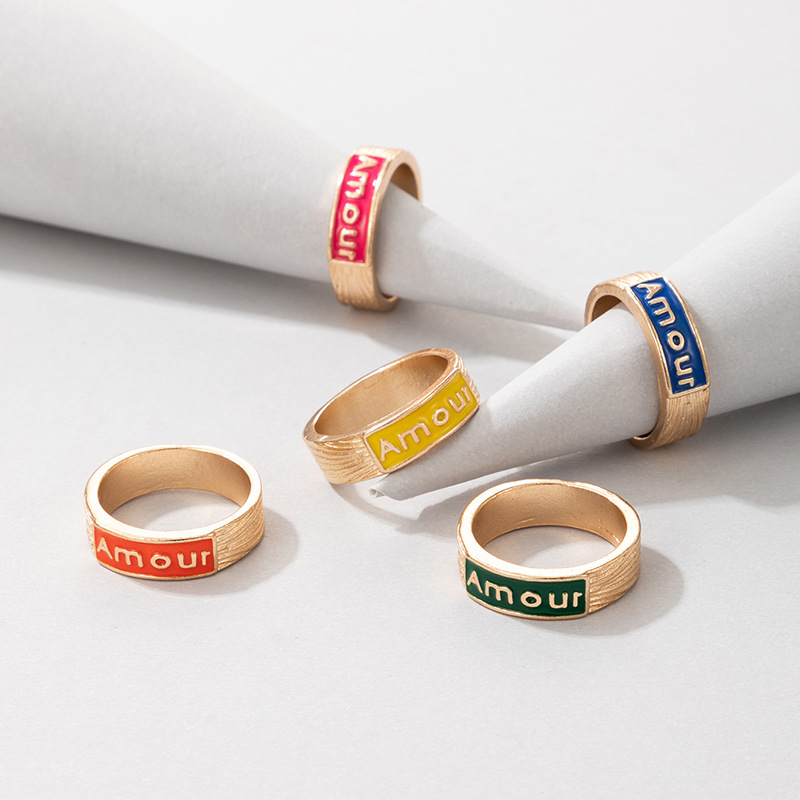 Color Dripping Letter Fashion Trend 5 Piece Ring