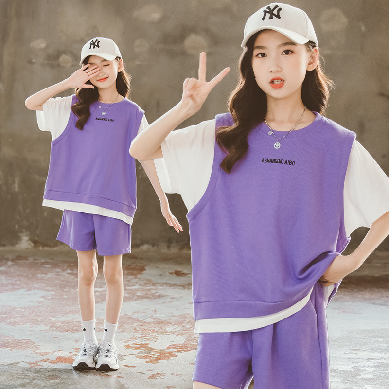 Girls' Summer Suit New Children's 12-Year-Old Children's Summer Short-Sleeved Shorts Sports Two-Piece Suit