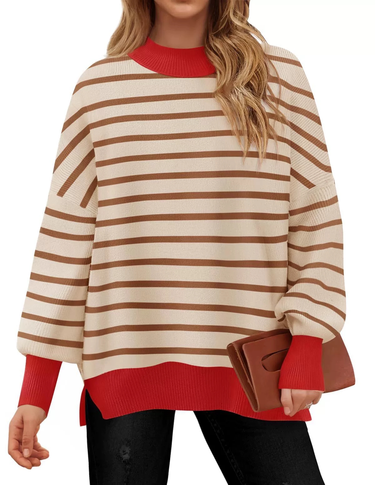 Womens Striped Contrast Knit Sweater