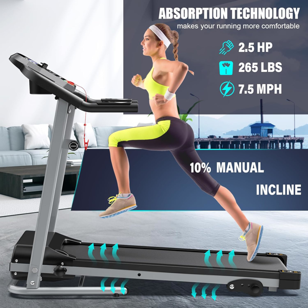 Compact Folding Treadmill for Home - 2.5HP Quiet Brushless Motor, 3-Level Incline, 7.5 MPH, Shock Absorption, Space-Saving Design for Running, Walking - Treadmill for Small Spaces & Home Use-10