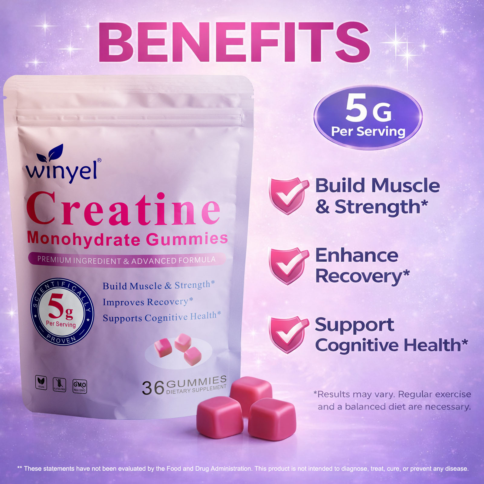 Creatine Monohydrate Gummies, 5 Grams Per Serving, Sugar-free Creatine Gummies, Suitable For Workouts, Strength, Cognitive Health, And Muscle Support, Gluten-free, Berry-enhanced, 36 Gummies.