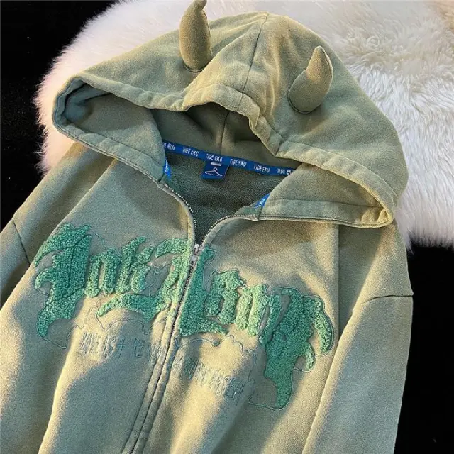 Printed Letter Lovely Devil Hoodie Girl Green - Shop at LoveMi