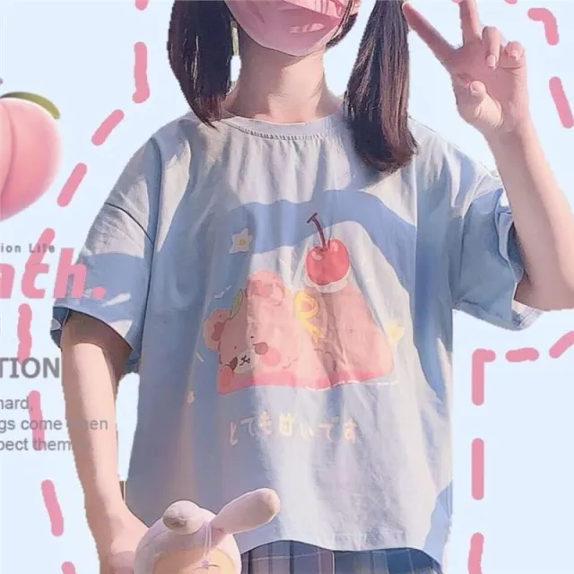 Japanese Soft Girl Style Cute Apple Bear College Student Short sleeved T shirt Set Coat - Shop at LoveMi