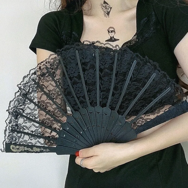 Art Craft Gift Wedding And Party Decoration Hollow Lace Folding Fan - Black
