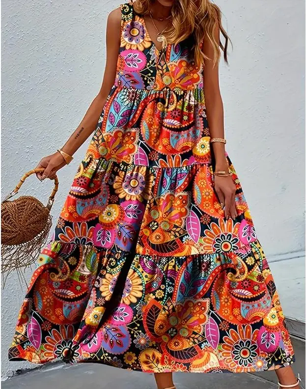 Bohemian Plus Size Dresses Loose Round Neck Ruffle Big Swing Print Spring Summer Casual Sleeveless Hem 0Xl - Shop at LoveMi