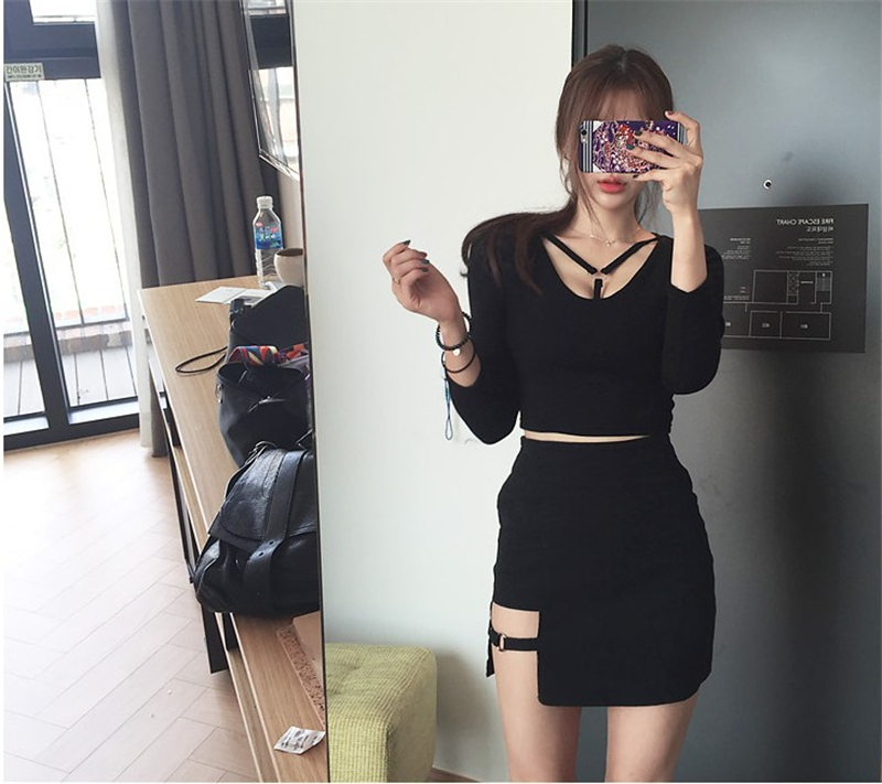 Title 4, Korean Style Black Mini Skirt with Irregular He...