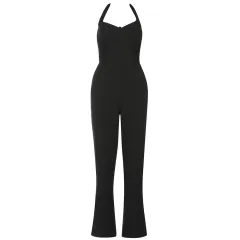 Women's Fashion Long Bodysuit Halter Jumpsuit - Black - View 1