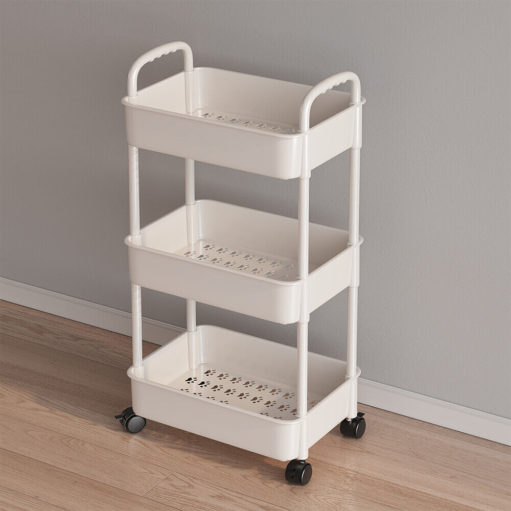 Slim white plastic three-tier rolling storage trolley for narrow UK kitchen gaps