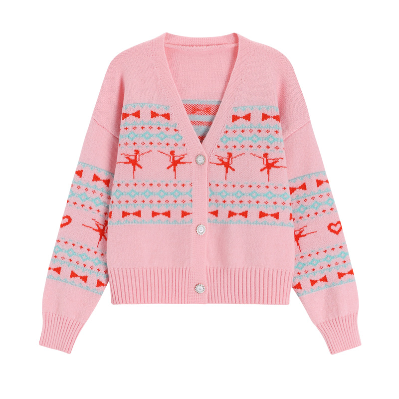 New Girl V-Neck Print Knit Cardigan Jacket