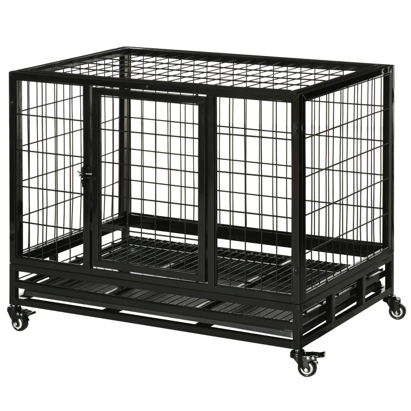 PawHut Heavy Duty Dog Crate With Removable Tray, Lockable Wheels And Double Door, For Medium And Large Dogs, Black