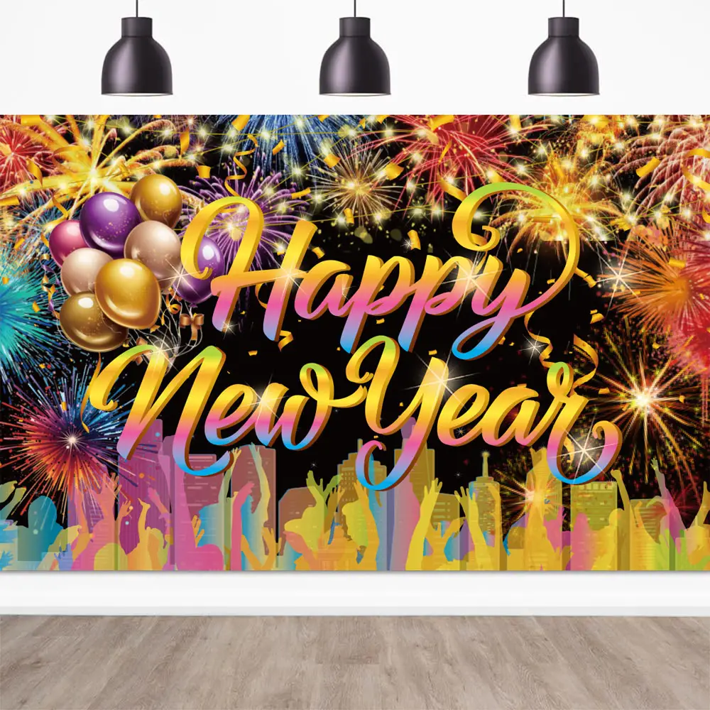 5 Pcs Happy New Year Party Backdrop 32 Inch Balloons Set With Rope Happy New Year Decorations Colorful Firework New Years Backdrop For New Years Eve Party Suppl